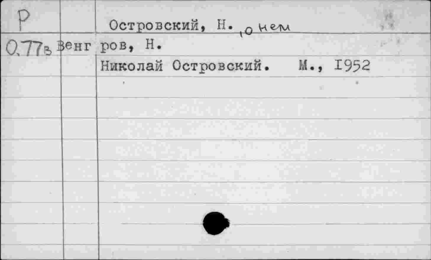 ﻿р		Островский, Н. л целл
О.Пч1	}енг	ров, Н.
		Николай Островский. М., 1952
		»	в
		
		
		
		
		
		
		
		